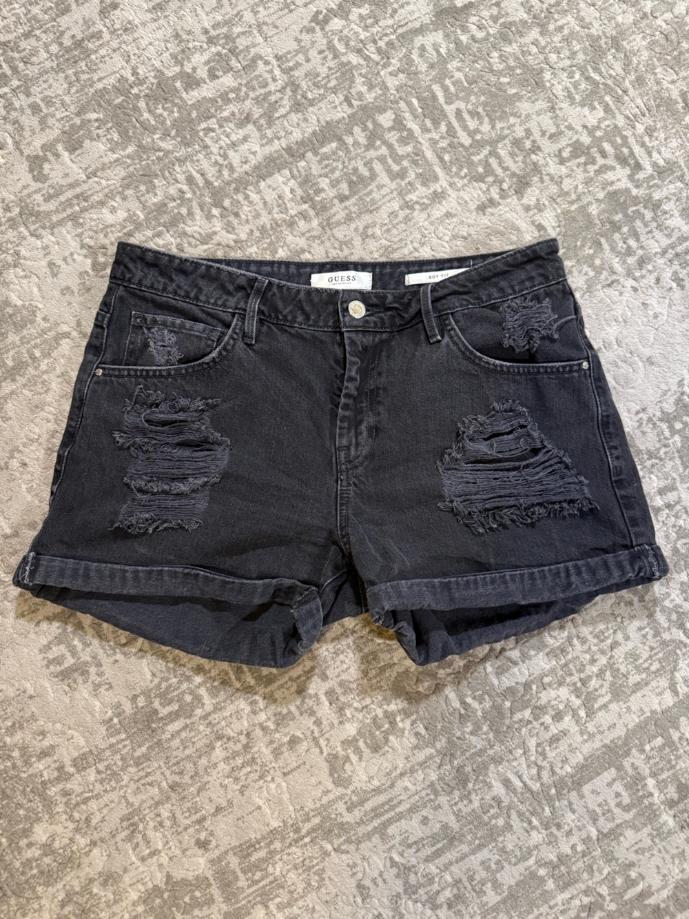 GUESS Boy Fit Black Distressed Denim Mid Rise Waist Button Shorts Womens Size 29